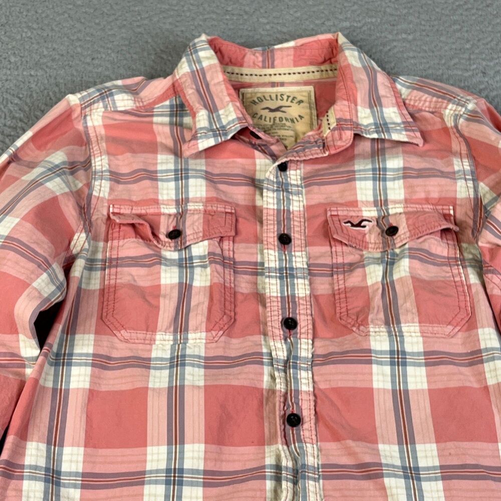 Hollister Men’s Coral Pink Plaid Button-Down Shirt - Picture 2 of 10